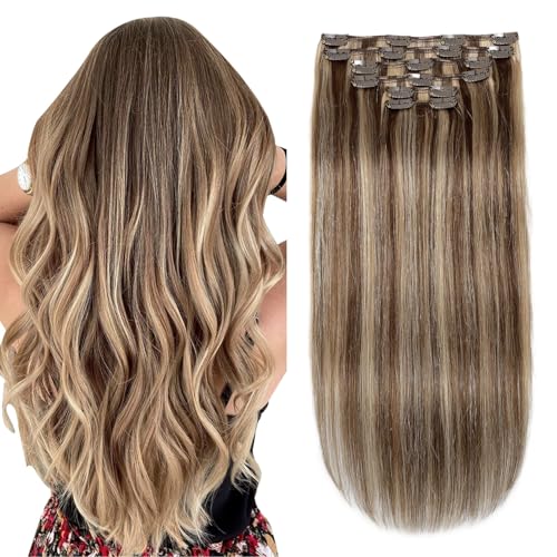 Remy Human Hair Clip-In Extensions 18 Inch #4P27 Medium Brown Caramel Blonde Set