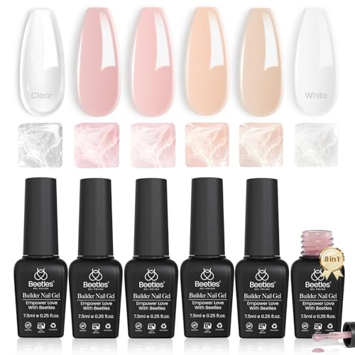 Beetles Builder Gel Set,Soft Nude Whisper 6 Colors 8 in 1 Strengthening Building Apex & Nail Extension for Beginners DIY Salon at Home,Nude Pink Builder Nail Gel,UV & LED Lamp Needed