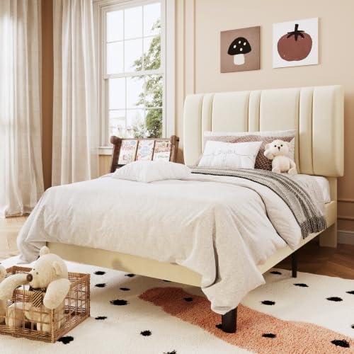 Cream Velvet Twin Size Bed Frame with Adjustable Headboard - SHA CERLIN