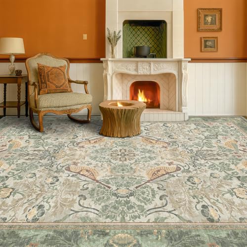 5' x 8' Sage Green Vintage Area Rug with Botanical Bird Pattern, Washable & Non-Slip