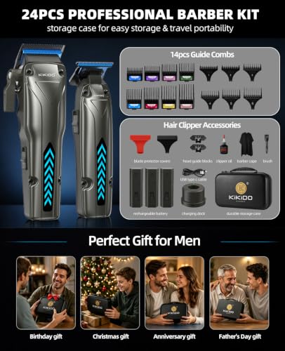 KIKIDO Cordless Hair Clippers Kit 24pc for Men – 3 Batteries, 8k RPM