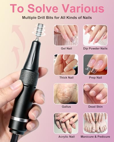 Pink Cordless Professional Nail Drill Kit 35000RPM with LCD Display & 14 Bits