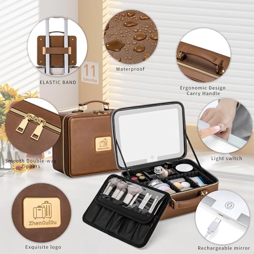 Gdsshuhung Brown Makeup Bag with LED Mirror - 11.5-inch Travel Cosmetic Organizer
