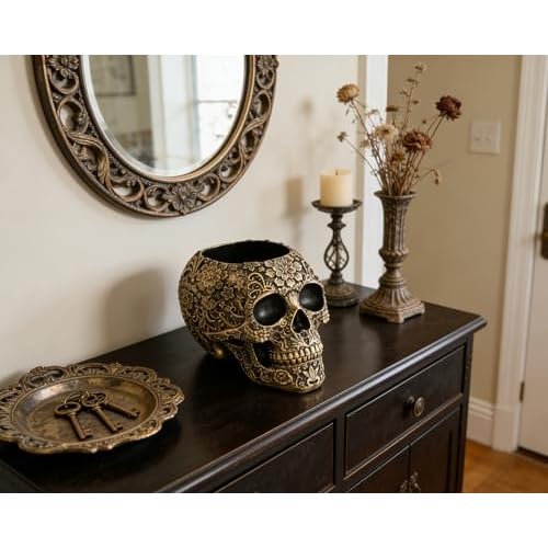 Skull Bowl Decorative Skull Vase Makeup Brush Pen Holder Organizer Dresser Gothic Table Organizer Decoration, Antique Gold Skull Pot Enthusiasts Gifts