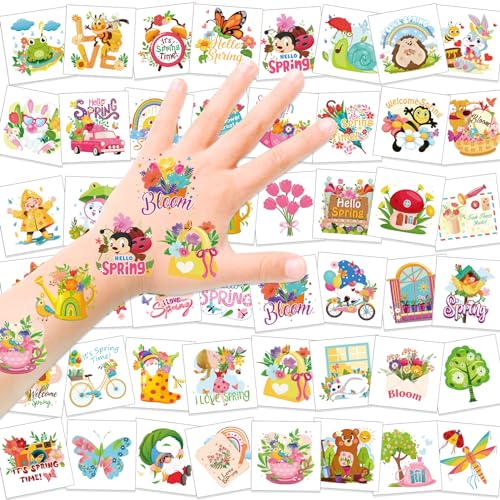 HOWAF 96pcs Spring Easter Tattoos, Hello Spring Temporary Tattoos for Spring Party Supplies, Spring Flower Tattoos Spring Butterfly Tattoos for Kids, Spring Summer Decoration Face Tattoos
