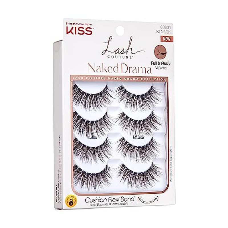 KISS Lash Couture Naked Drama Collection False Eyelashes Multipack 01 with Cushion Flexi Band, Style 'Ruffle', Full & Fluffy Volume, 4 Pairs Fake Eyelashes