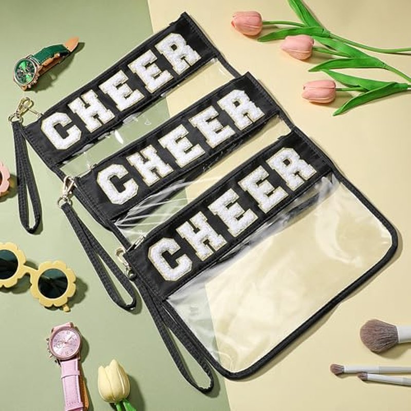 Abbylike 12 Pcs Snack Bags Clear Chenille Letter Cheer Zipper Pouch Waterproof PVC Large Travel Makeup Cosmetic Storage Organizer Bag for Mom Team Cheerleaders Teacher (Black)