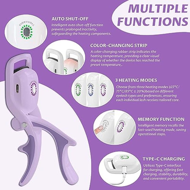 Electric Heated Eyelash Curler Kit Hot Lash Therapy Professional Eyelash Tools Battery Powered Lash Lifter Rechargeable Clamp for Various Eye Types Plastic Material (Colour Purple)