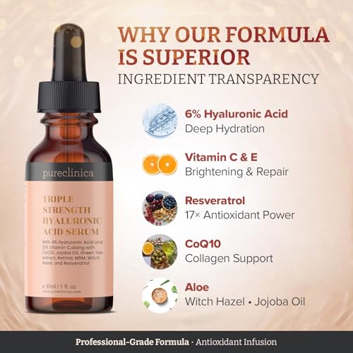 PureClinica 6% Hyaluronic Acid Serum with Vitamins C & E, Resveratrol & CoQ10 - 1 Fl Oz