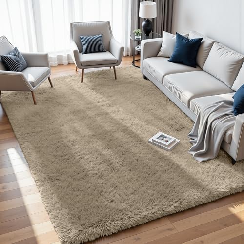 Fuzziness 8x10 Gray Camel Fluffy Shag Area Rug - Ultra Soft Living Room Carpet