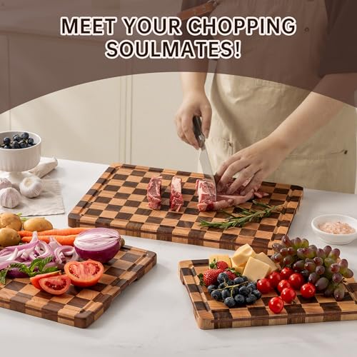 Fyctio 3-Piece Checkered Walnut & Rubber Wood Cutting Board Set with Stand, 17"L x 12"W