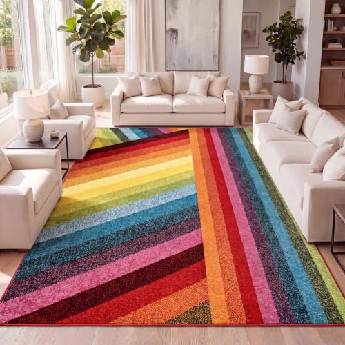 Jonathan Y Retro Rainbow Stripe Indoor Area Rug 5'3" x 7'7" – 5x8, Non-Shedding, Easy-Cleaning