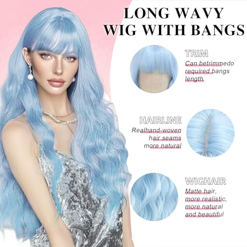 Blue Wigs for Women - 26 Inch Long Wavy Synthetic Wig with Bangs - Variation of Blue / 26 Inch