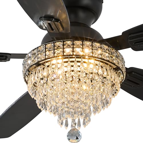 Crystal Ceiling Fan with Light - 50 Inch Black Fandelier with Remote Control - Low Profile Modern Fan