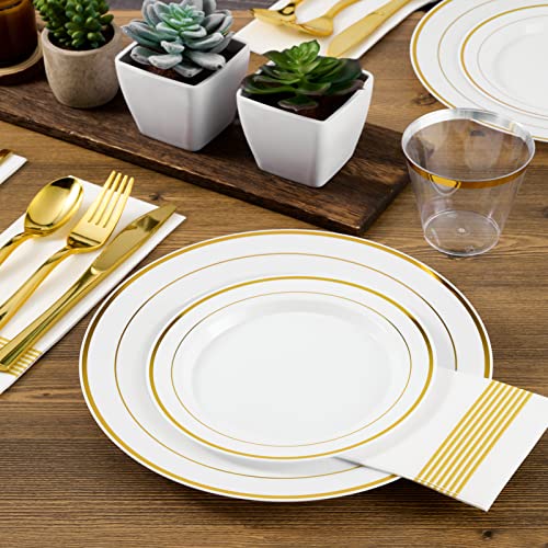 Disposable Dinnerware Set for 100 Guests - Gold Plastic Plates Cups Cutlery - Gold Dinnerware Set