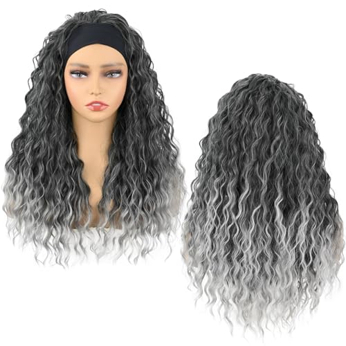 Deep Wave Headband Wig 20 Inch Gray Synthetic Curly Hair for Black Women - Glueless, Adjustable Cap