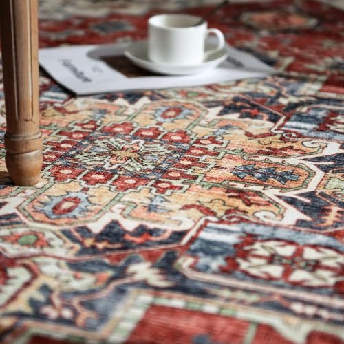 6x9 Washable Living Room Rug - Vintage Oriental Medallion - Terra Red