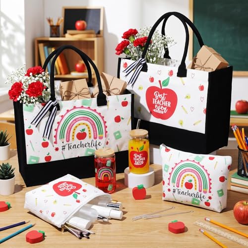 Rainbow and Teacher Gift Set - Tote Bag, Tumbler & Makeup Bag for Educators