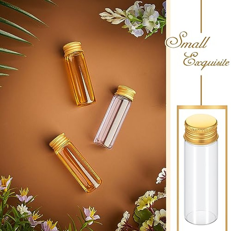 100 Pcs Small Clear Vials Spice Mini Jars with Lids Mini Glass Bottles with Screw Aluminum Metal Caps Tiny Jars Sample Containers for Powder Cream Cosmetic Jewelry Wedding (15 ml,Gold Caps)