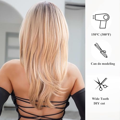 HAIRCUBE Ombre Blonde Shoulder Length Wigs with Bangs for Women - Ash Blonde Layered Synthetic Wig