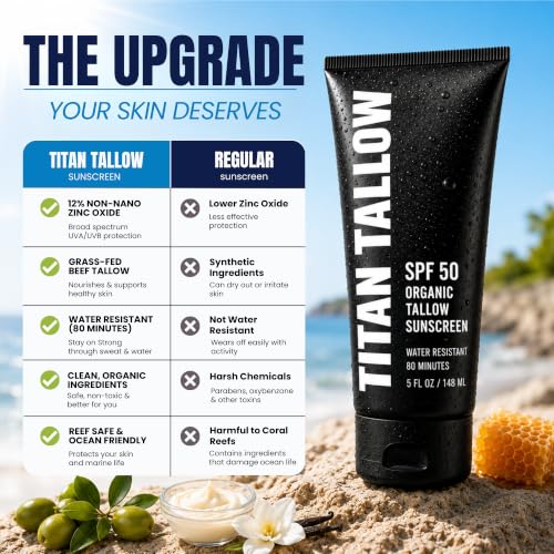 Mineral Sunscreen SPF 50 with Organic Grass-Fed Beef Tallow - Reef Safe, Broad Spectrum for Face & Body - 5 Oz