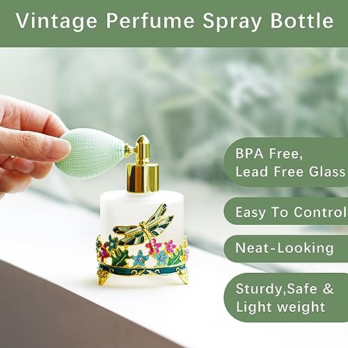 YU FENG 18ml Frosted Refillable Perfume Bottle Round Glass Perfume Spray Bottle Hand-painted Empty Travel Perfume Atomizer Gift (Green Dragonfly With Flowers)
