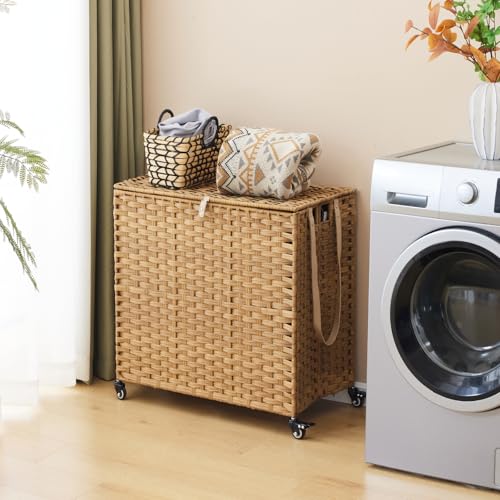 Large 39.6 Gallon Laundry Hamper with Wheels & Lid - 3-Section Rattan Basket with Removable Liners, Mesh Bags, Side Pocket - Natural, 150L