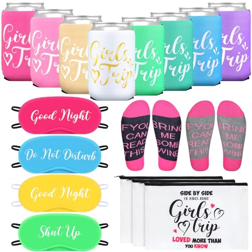 Girls Trip Gift Set with Socks, Eye Masks, Cosmetic Bags & Can Sleeves - Party Favor Kit