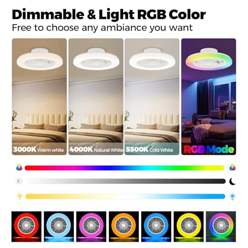 18.9-Inch RGB Flush Mount Ceiling Fan with Light, 6 Speeds, 3 CCT Colors, Timer - White / 3CCT RGBCW