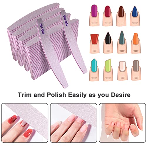 Nail Files (100 Pcs), 100/180 Grit Nail File Emery Board Bulk for Acrylic Nails and Natural Nails, Limas para Unas Acrilicas Profesional Pack Filers for Gel Nail Double Sided Manicure Curved Gray