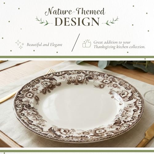 Dinner Plate Set of 4 - 10.5 Inch White and Brown Earthenware, Microwave & Dishwasher Safe | Delamere Pattern