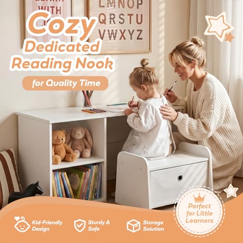 Faesun 3-in-1 Toddler Bookshelf with Bench, White Montessori Reading Nook & Toy Organizers