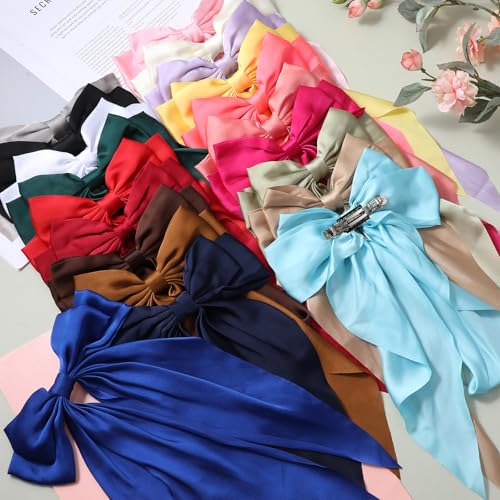 Large Satin Hair Bows for Women & Girls - 20 Colorful Hair Accessories with Long Tails