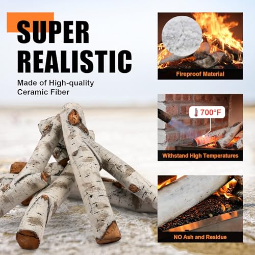 Large 6-Piece White Birch Ceramic Gas Fireplace Logs for Indoor & Outdoor Fire Pits