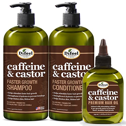 Hair Growth Shampoo Conditioner & Oil Set - Caffeine & Castor - 3 Piece