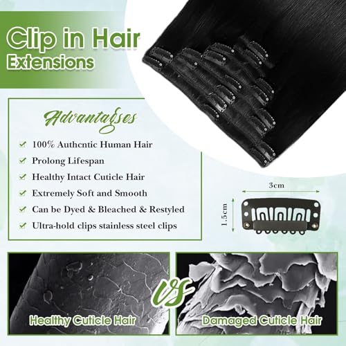 TOHASI Jet Black 1# 20-inch Human Hair Clip-in Extensions 8pcs Seamless Brazilian