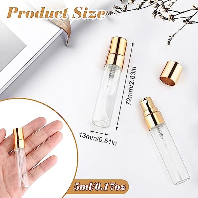 20Pcs 5ml Clear Glass Mist Spray Bottle Refillable Mini Perfume Atomizer Empty Travel Sample Bottle with Golden Aluminized Nozzle Makeup Container for Perfume,Liquid,Air Fresheners
