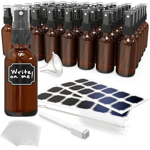 48 Pack Small Glass Spray Bottles 2oz - Amber Refillable Mist Sprayers with Nozzles & Labels