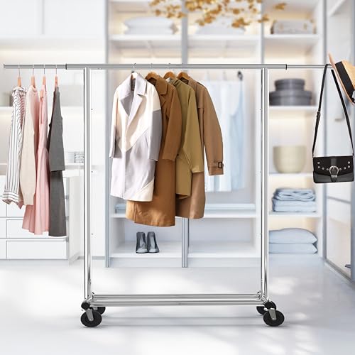 Heavy Duty Chrome Garment Rack - Extendable Clothing Organizer with Swivel Casters