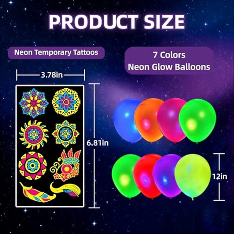 172 Pcs Temporary Tattoos - 100Pcs UV Neon Balloons for Adults Teens - Ideal for Neon Glow Party Decorations