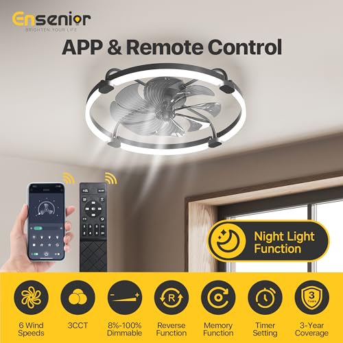 Ensenior 24 Inch Black Flush Mount Ceiling Fan with Lights & APP Control