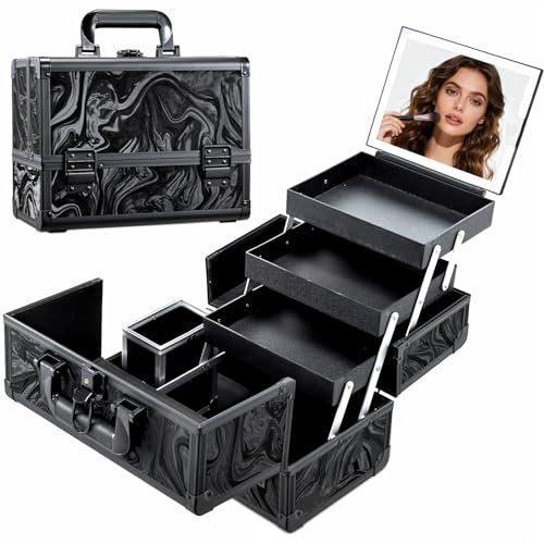 Faquenc Black Travel Makeup Case with LED Lighted Mirror - Portable Organizer