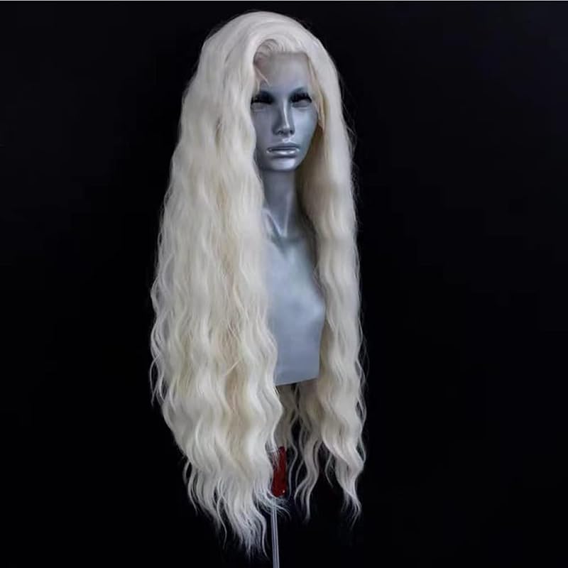 ELESTY CR6000 Long Wavy White Blonde Lace Front Wig - 24in, Free Part, Glueless, Heat-Resistant
