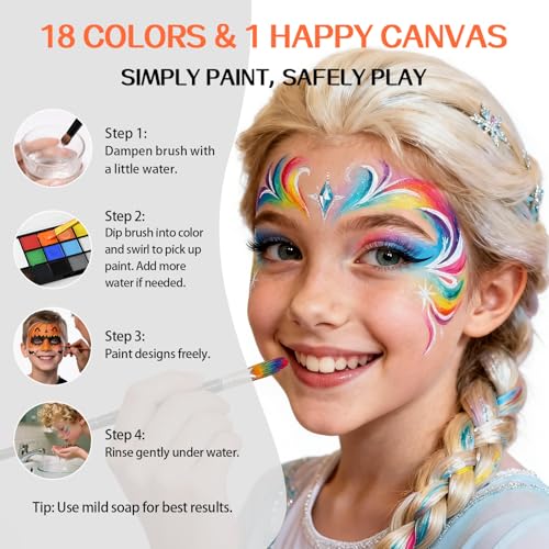 Face Body Paint Kit for Kids Adults-Washable 18 Colors Face Painting Kit with 10 Brushes, Non-Toxic, Skin Safe, Water-Activated Facepaint Palette for Halloween Makeup Cosplay Costume Party
