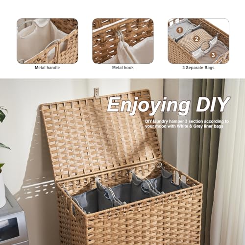Laundry Hamper with Lid 190L Large 3-Section Rattan Laundry Basket - Natural
