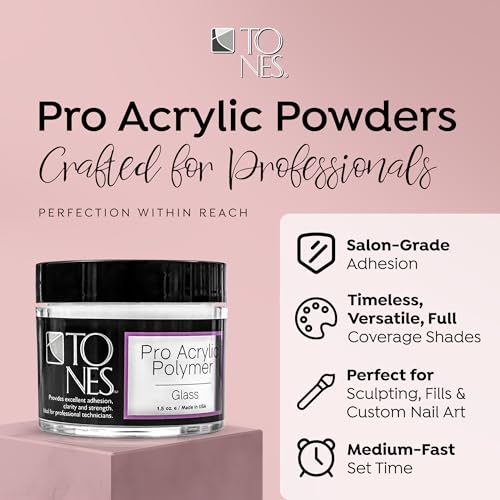 Tones Pro Acrylic Nail Cover Powder, Glass (Clear), (3.5 Fl Oz) - Bubble Free Long-Lasting & Non-Yellowing Polymer Acrylic Nail Powder for Salon & Home Quality Nail Carving Extensions & 3D Art