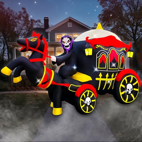 SEASONBLOW 10ft Halloween Inflatable Horse Carriage Yard Decor with LED Lights