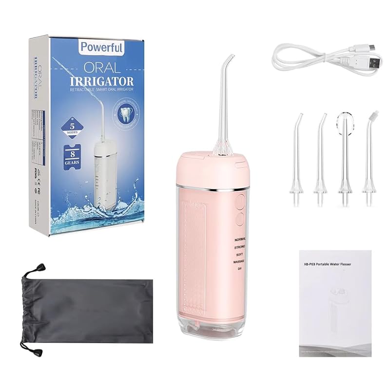 Pink Portable Cordless Water Dental Flosser - 5 Modes, 200ml Tank, IPX7 Waterproof