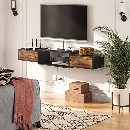 Floating TV Stand with Power Outlet - Rustic Brown & Black Wall-Mounted Media Console Shelf for 32-65 Inch TVs