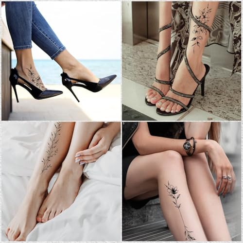 Leesgel Temporary Tattoos Women, 12 Sheets Long Flowers Vine Leaves Plant Tattoo for Women Adults, Black Semi Permanent Personality Waist Arm Foot Stick on Tattoos Stickers
